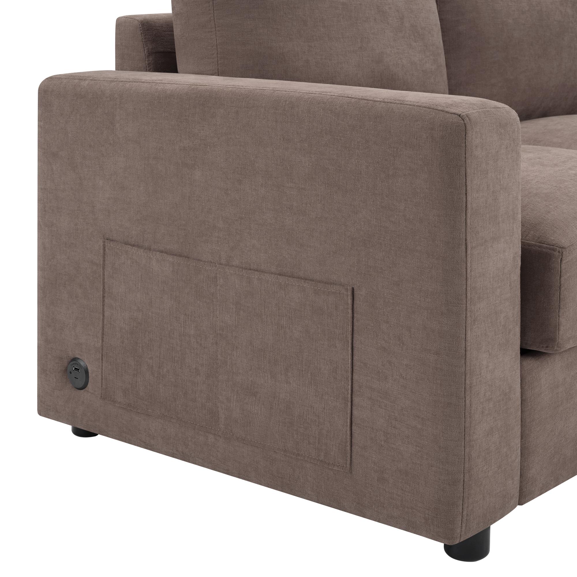 84.6" L-shaped Modern Sectional furniture Sofa Couch with a Curved Chaise Lounge, USB Ports and Side Storage Pockets for Living Room, Brown