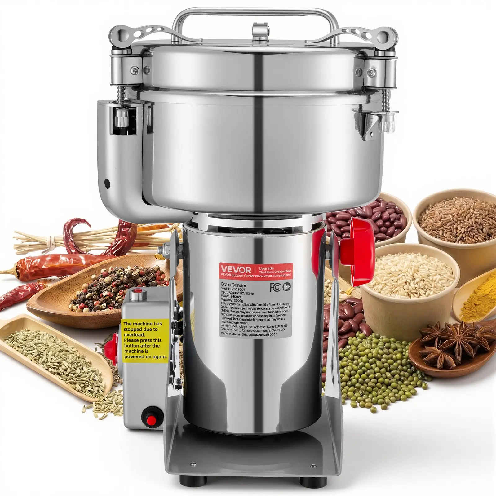VEVOR 2500g Stainless Steel Electric Grain Mill Grinder, 3400W Power Dry Grinding 32000RPM High-Speed Pulverizer with Auto Lock Lid, 270° Swing Type for Dried Grains, Coffee Beans