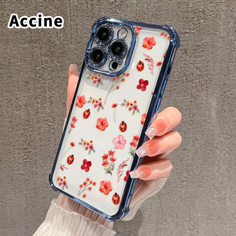 Floral Ladybug Symphony Pattern Four Corner Anti-Fall Phone Case Transparent Electroplated Protective Cover for iPhone 16 Pro Max 15 Plus 14 13 12 11 E
