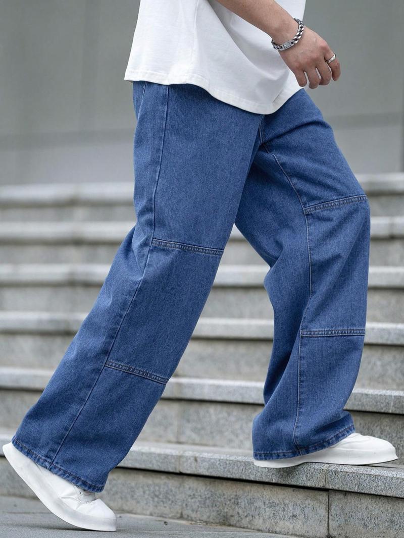 Men's Letter Patched Pocket Button Fly Wide Leg Jeans, Relaxed Fit Jeans, Loose Casual Style Denim Trousers for Daily Wear, Fashion Men's Bottoms for All Seasons, Jeans for Men, Cotton, Long Pants, Menswear