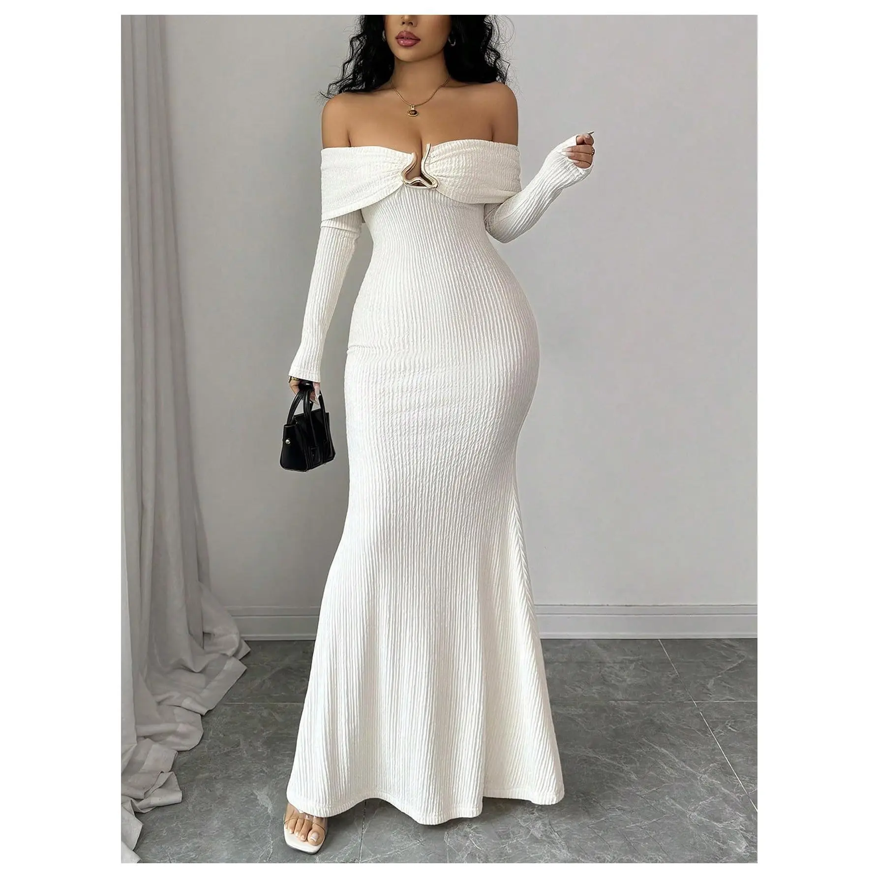 Women's Off the Shoulder Maxi Dress, Classy Long Sleeve Textured Knit Fishtail Gown with Ring Detail for Cocktail Party Wedding Guest, Off Shoulder, Classy Party Dresses, Chic Formal Dresses, 48.8In