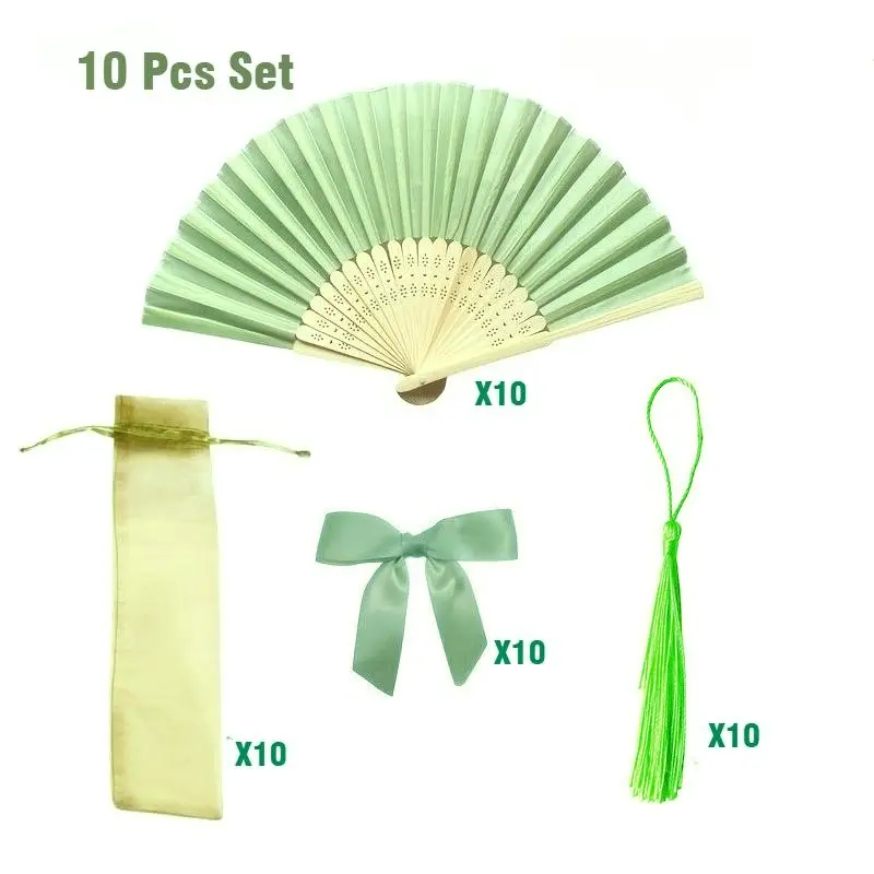 10Pcs Green Wedding Favor Fan Set, Women Handheld Silk Folding Fans with Green Bows and Tassels, Gift Bags Included, DIY Decorative Gifts, Wedding Party Decor, Bridal Shower Favors, Bridesmaid Photo Props, Decorations Supplies, Ceremony, Decoration Items