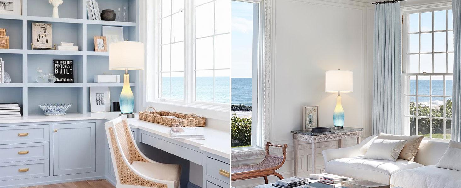 26in Tall Glass Table Lamps Set of 2 with 2 USB Charging Ports & LED Nightlight, Large Coastal Table Lamps for Living Room End Table, Modern Beach Lamps for Bedroom Bedside Nightstand