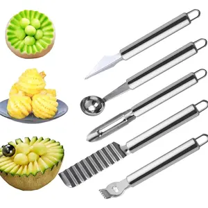 5 Pcs Stainless Steel Fruit Carving Knife Set Kitchen Tool Including Carving Knife Watermelon Ice Cream Scoop 2-in-1 Pulp Separator Fruit Peeling Tool Crinkle Knife Lemon Zester Grater