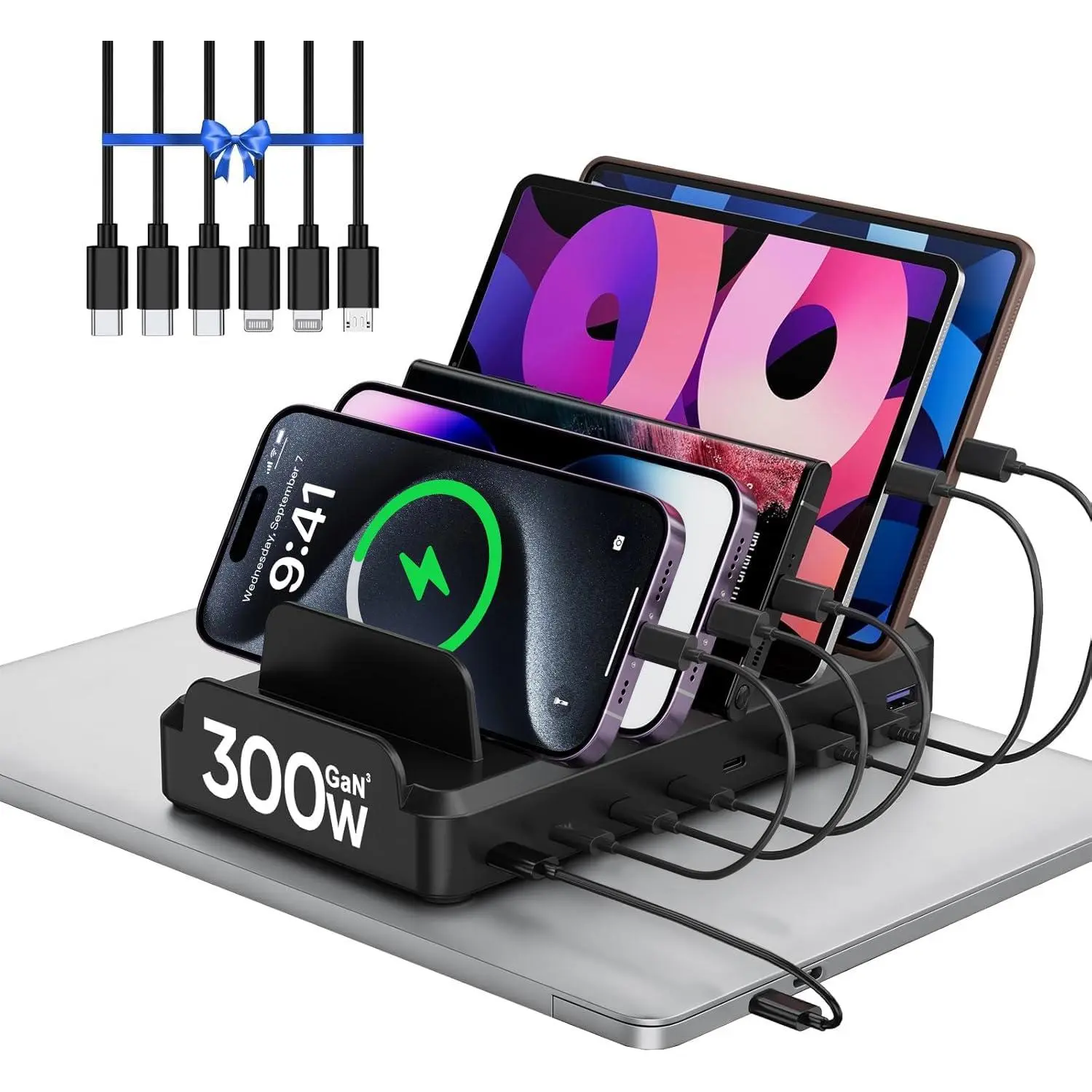 300W  Station for Multiple Devices, 8 Port Multi USB C  Charger Station Dock for MacBook  17/16/15/14/13/12  Pixel Series iPad, Black (6  Short Cables Included)