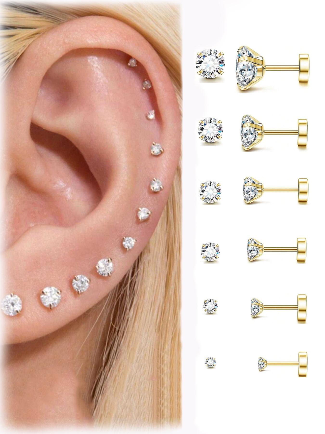 Multiple Sizes Cubic Zirconia Decor Ear Studs, Stainless Steel Material Ear Cartilage Piercing Jewelry for Women, Fashion Body Piercing Jewelry for Party, Daily Cubic Zirconia Decor, Funky Jewelry Six Pairs Variety, Rhinestone Embellishments