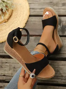 2026 Summer New One-Strap Wedge Sandals for Women, Hemp Rope Thick Sole Heeled Casual Roman Shoes, Comfortable Beach Resort Footwear