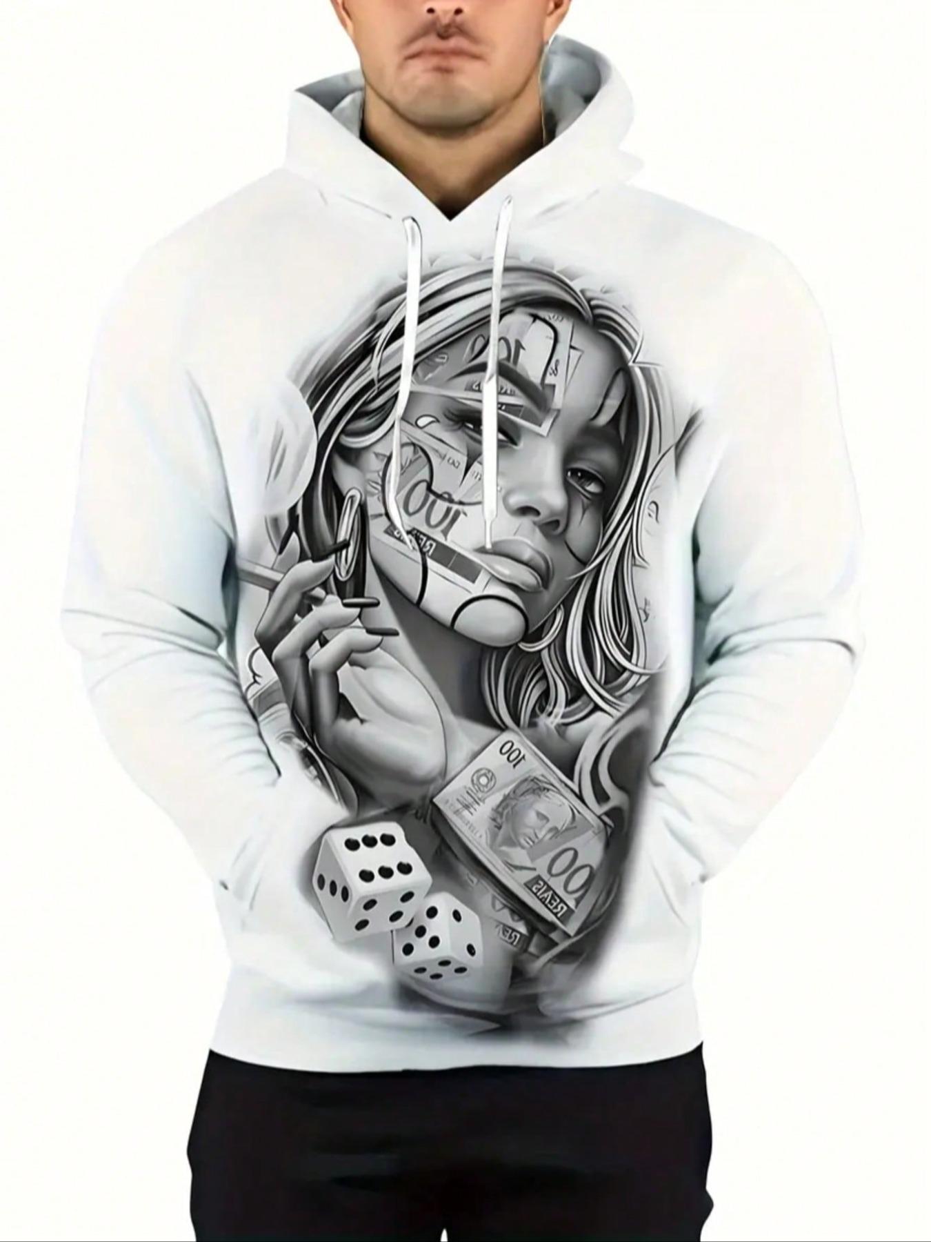 Men's Fashion Graphic Print Hoodie with Creative Girl 3D Print, Warm Pullover Sweatshirt with Pocket & Drawstring, Casual Long Sleeve Fitted Top