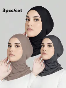 3pc/set Women's Fashion Solid Headscarf Set, Elastic Chin Strap Hat, Versatile Casual Hijab, Perfect for Daily Wear, Muslim