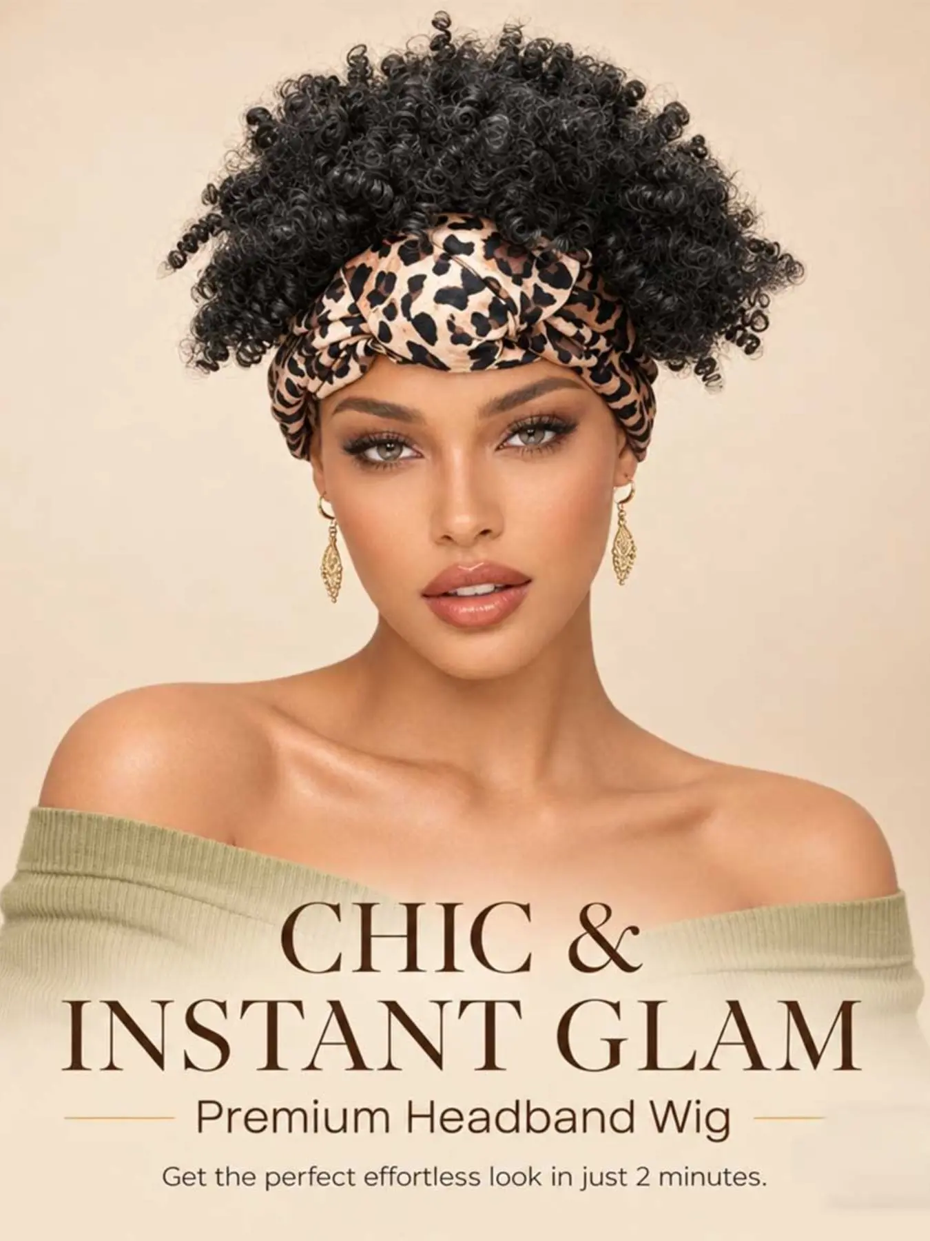 Women Leopard Print Headband Wig Black Short Curly Afro Synthetic Wig Heat Resistant Wrap Headband Wigs for Women Daily Wear