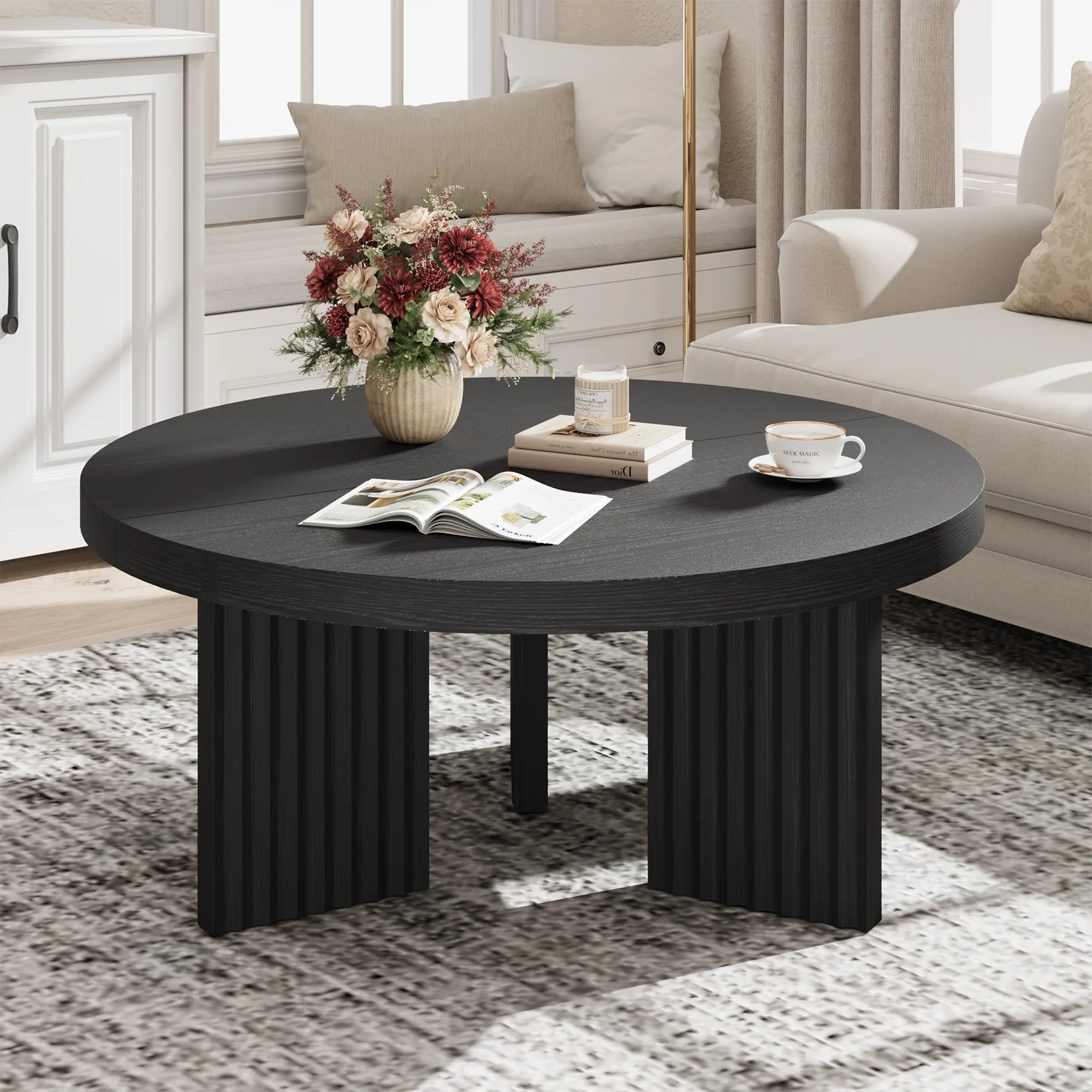 Modern Round Coffee Table for Living Room - 33.5" Fluted Legs - Thick Wood Grain Top - Space-Saving Accent Sofa Table - Easy Assembly
