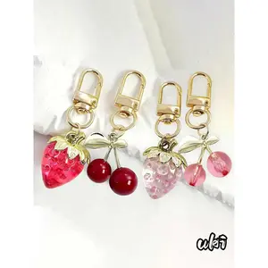 Two-Piece Resin Fruit Keychain Set With Simulated Strawberry And Cherry Design, Cute Trendy Bag Charm Pendant For Handbag Backpack Purse & Wallet, Versatile Daily Accessory And Sweet Holiday Present