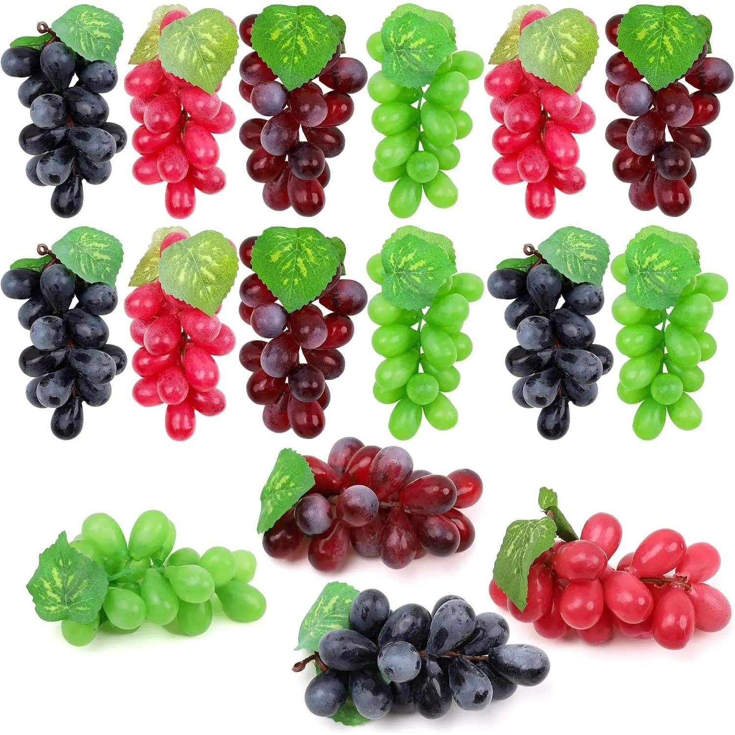 16 Pack Artificial Grape Bunches, 4 Colors Black Purple Red Green Frosted Realistic Rubber Fake Grapes for Bowl Filler Wedding Party Home Wine Decor
