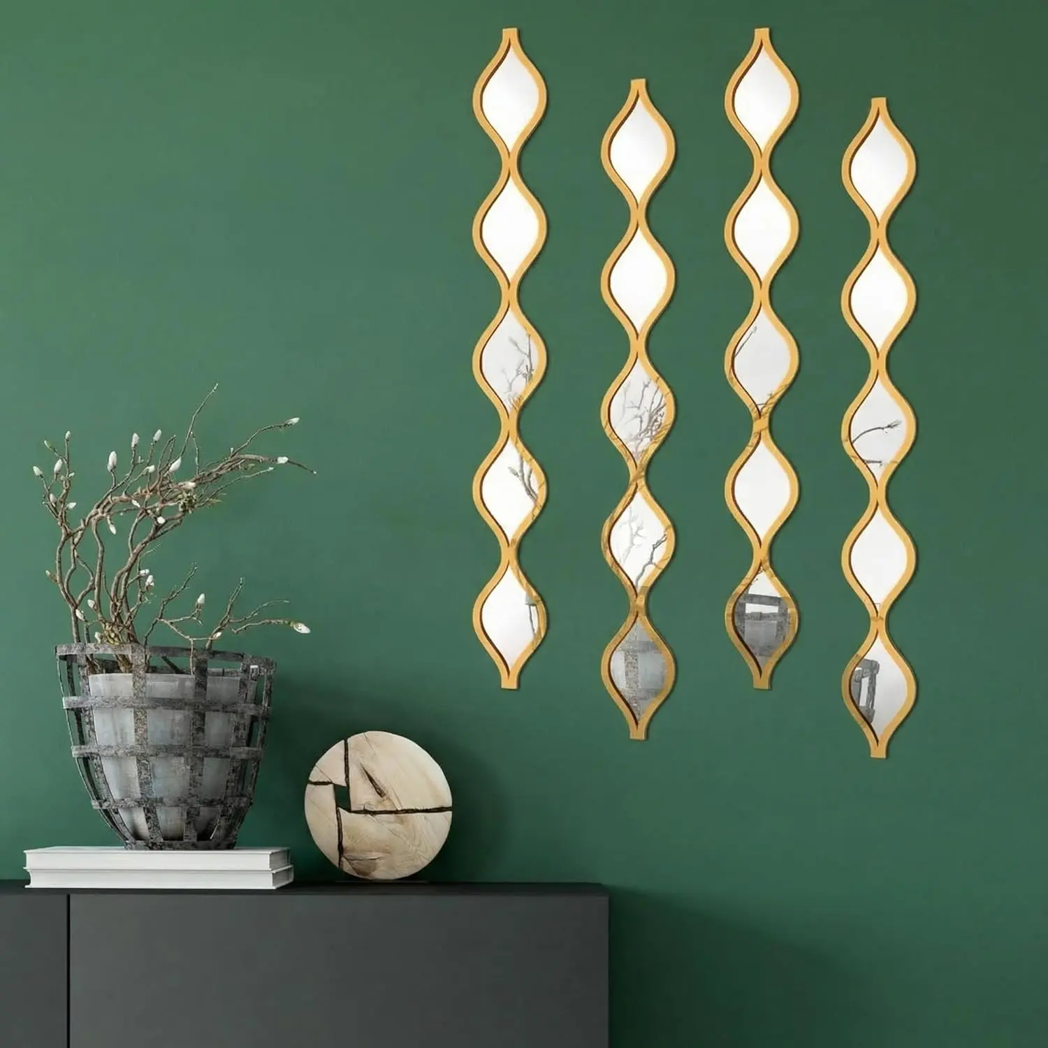 Qunclay 4-Piece Acrylic Reflective Wood Teardrop Wall Mirror, Long Narrow Hanging Home Decor for Living Room, Bathroom Decoration (Gold)