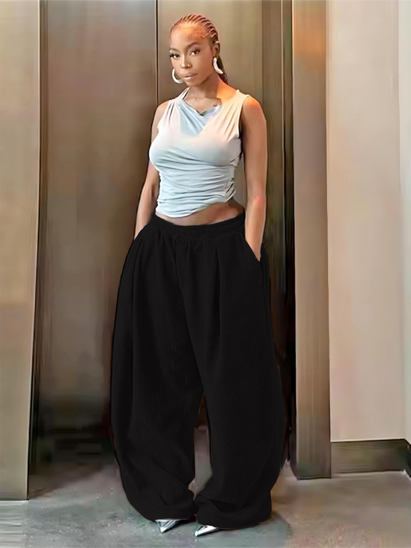 Women's Basic Solid Pocket Wide Leg Corduroy Pants, Casual Comfy Trousers for Daily Wear, Ladies Bottoms for Fall & Winter