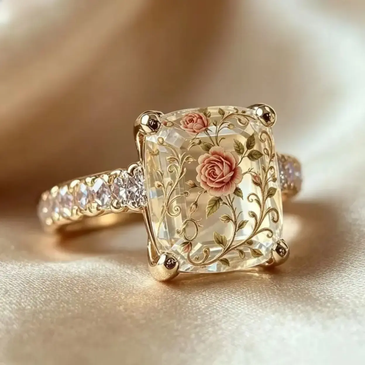 Women's Vintage Gold-Tone Square Gemstone Statement Ring - Inlaid Floral Rose Engraved, Ornate Filigree Cocktail Ring, Sizes 6-10, Elegant Jewelry for Wedding Banquet, Gifting