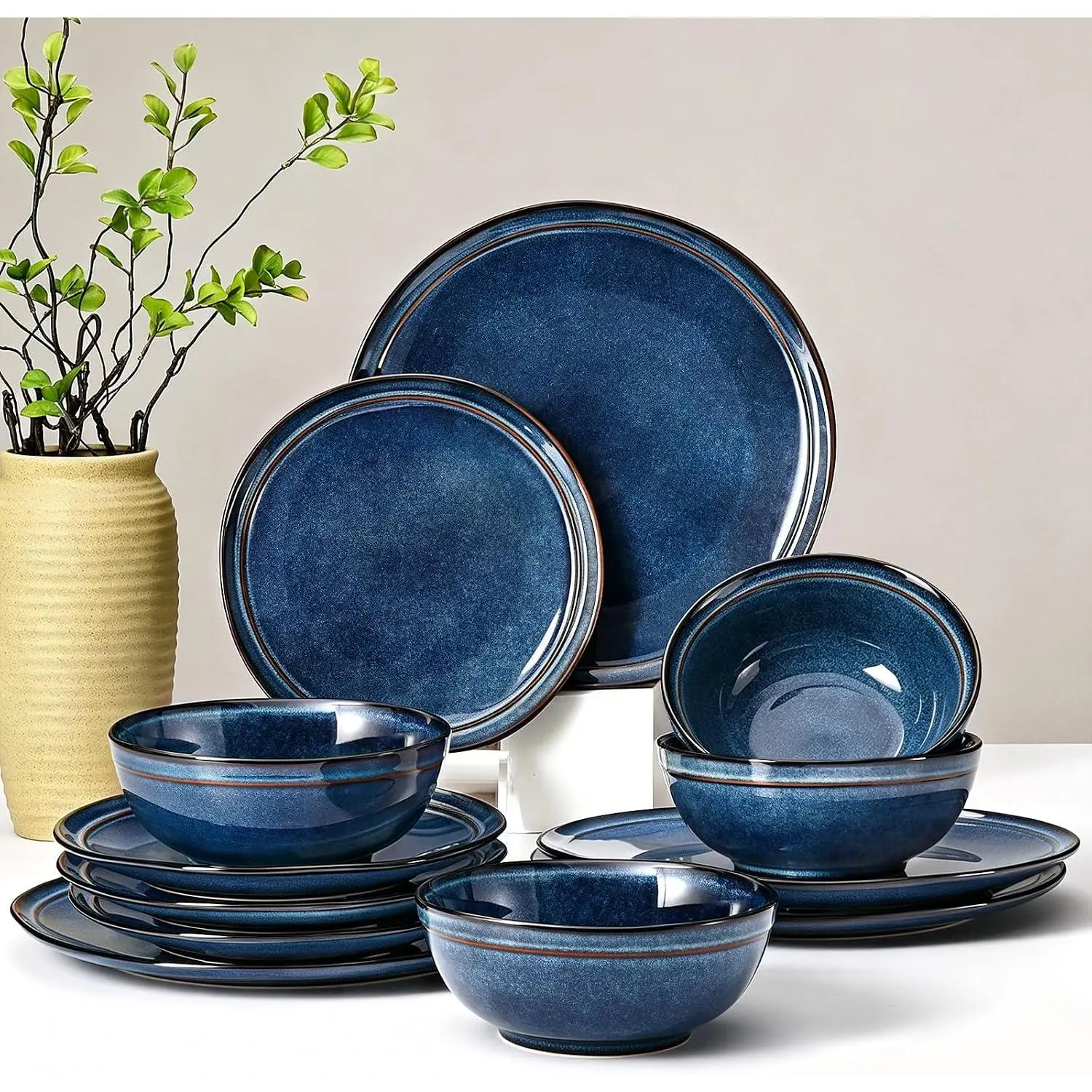 Modern Irregular Stoneware Dinnerware Set for 4 (12-Piece, Ceylon Blue Reactive Hue) - Scratch-Resistant, Dishwasher & Microwave Safe, Ideal for Housewarming