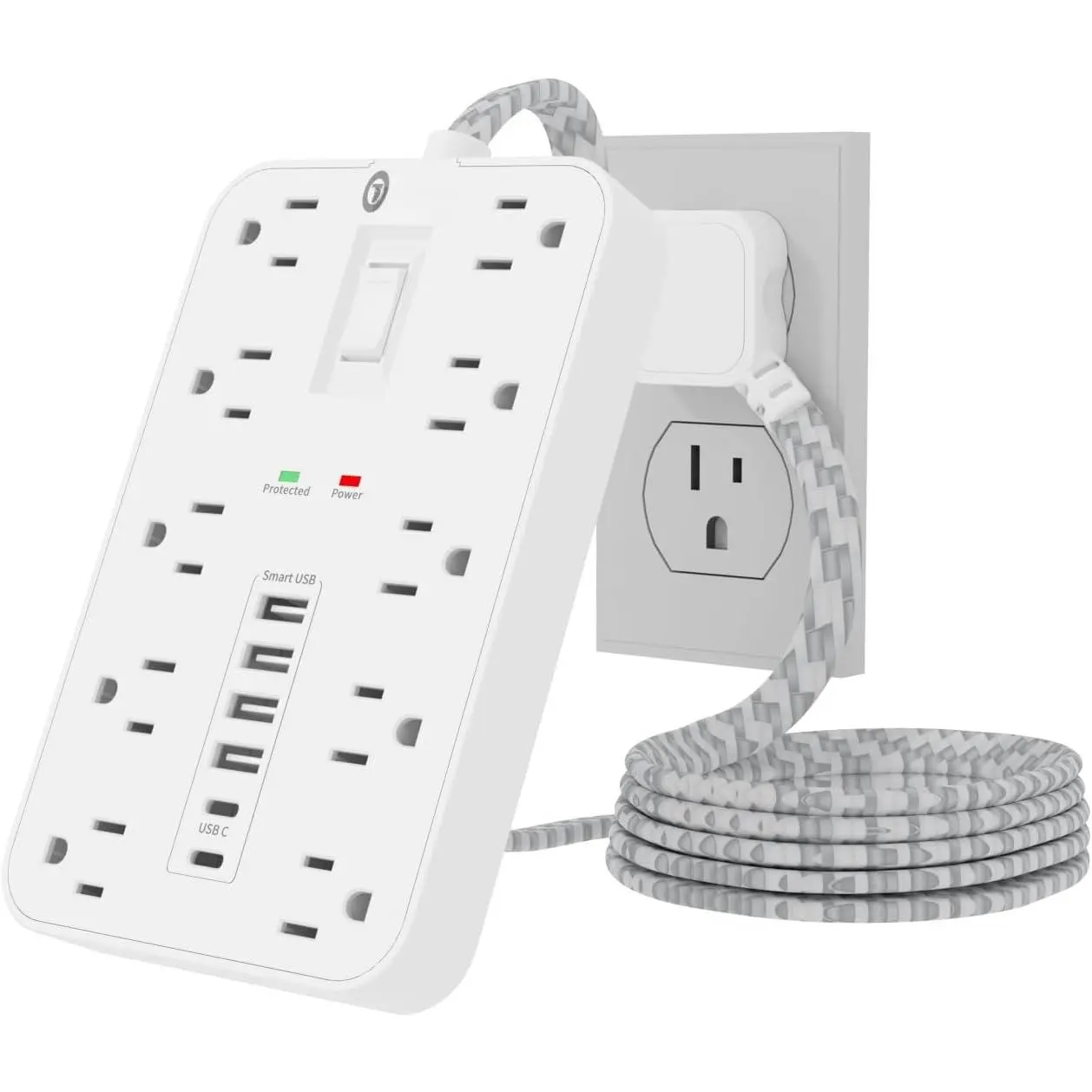 Power Strip Surge Protector,  5 Ft Braided Extension Cord Flat Plug, 10 Widely Spaced Outlets with 6 USB Ports (2 USB C), Wall Mount Desk  Station for  Office Dorm Essentials