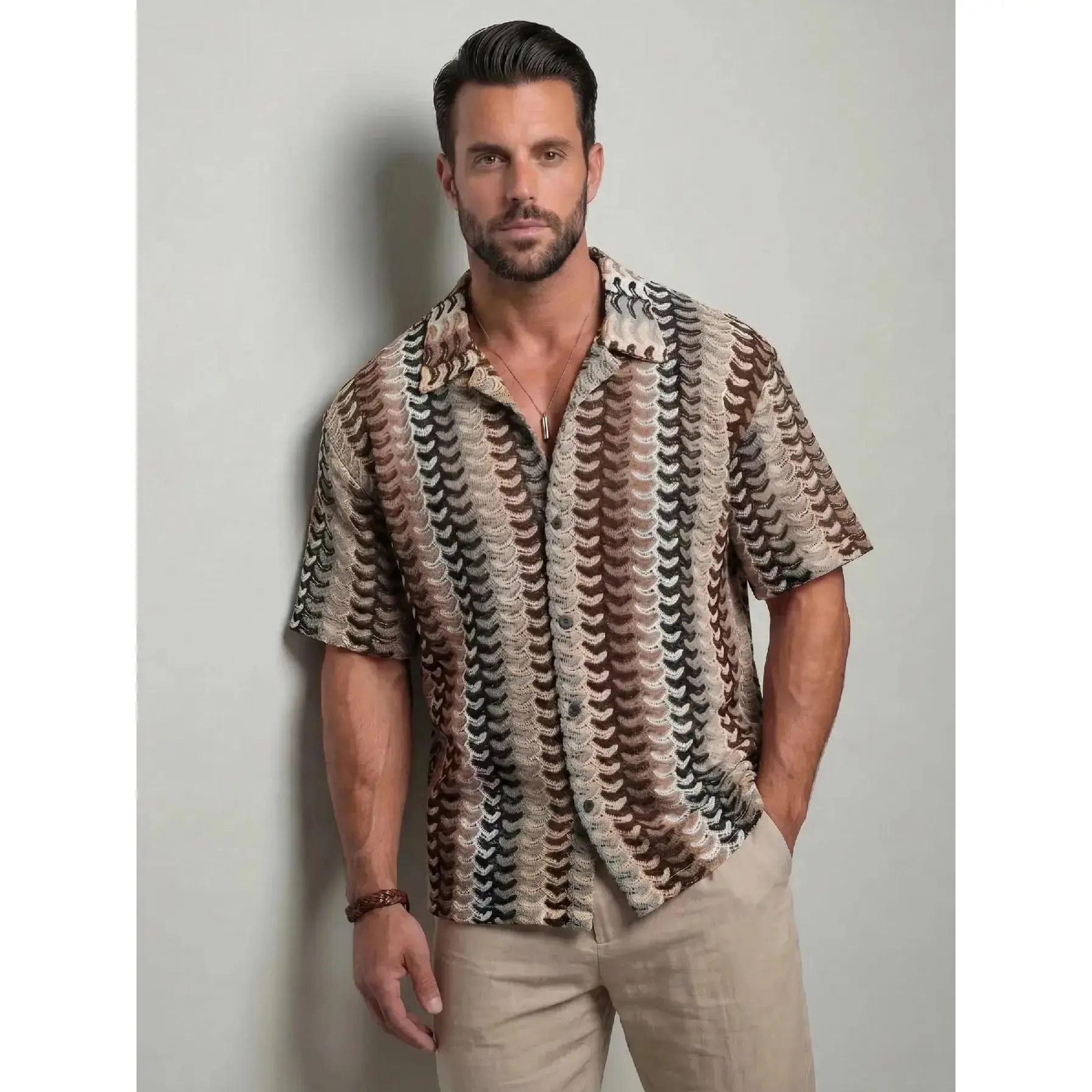Men's Knitted Openwork Shirt - Stylish Short Sleeve Fashion Top with Colorful Drawstring for Casual Summer Wear