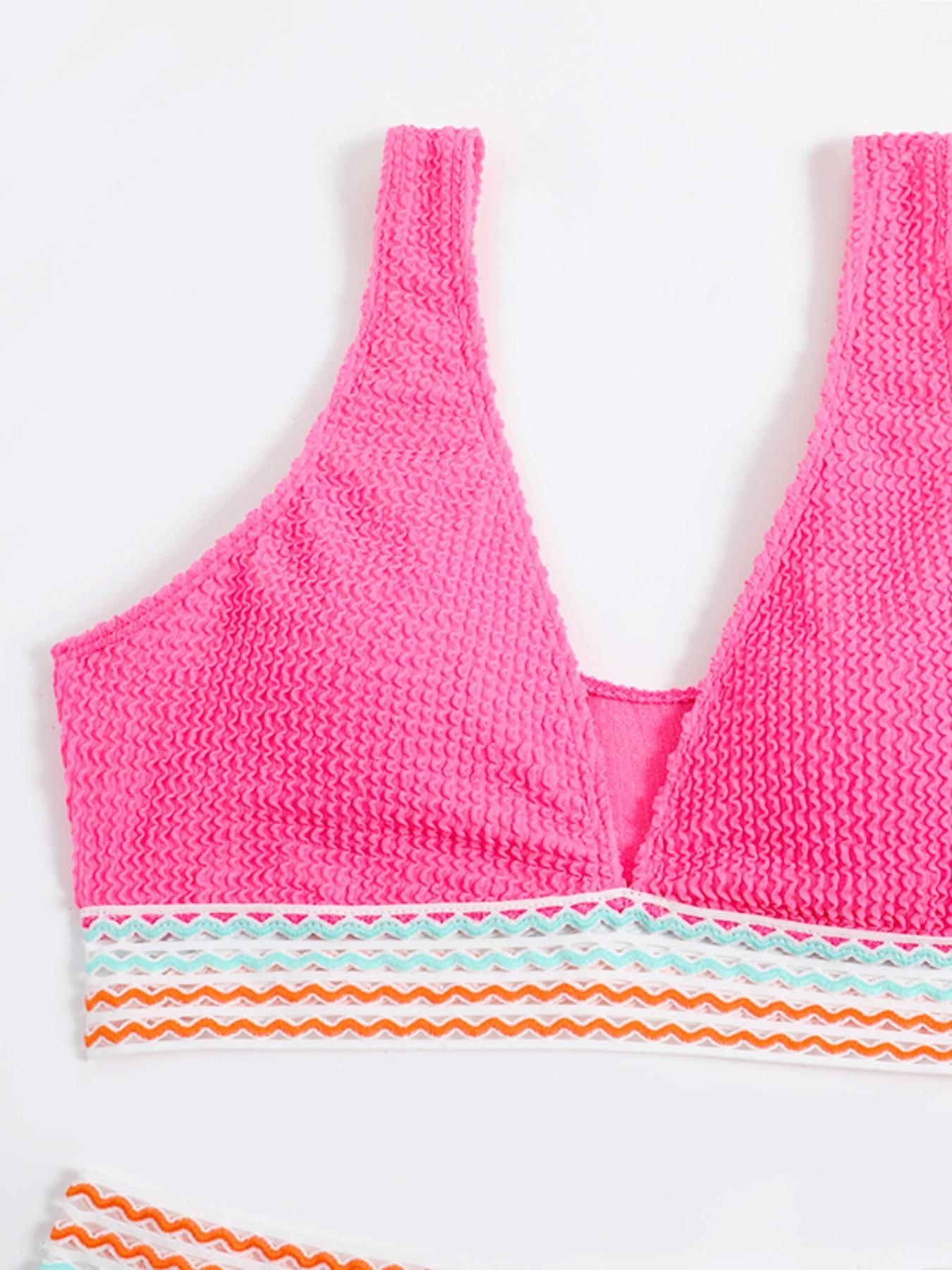 Two-Piece Set Women's Striped Tape Textured Hollow Out Bikinis, Casual Sleeveless V Neck High Waist Swimwear, Lady Bathing Suits Set, Women's Swimsuit, Bikinis Sets, Swimsuit Style Bikini