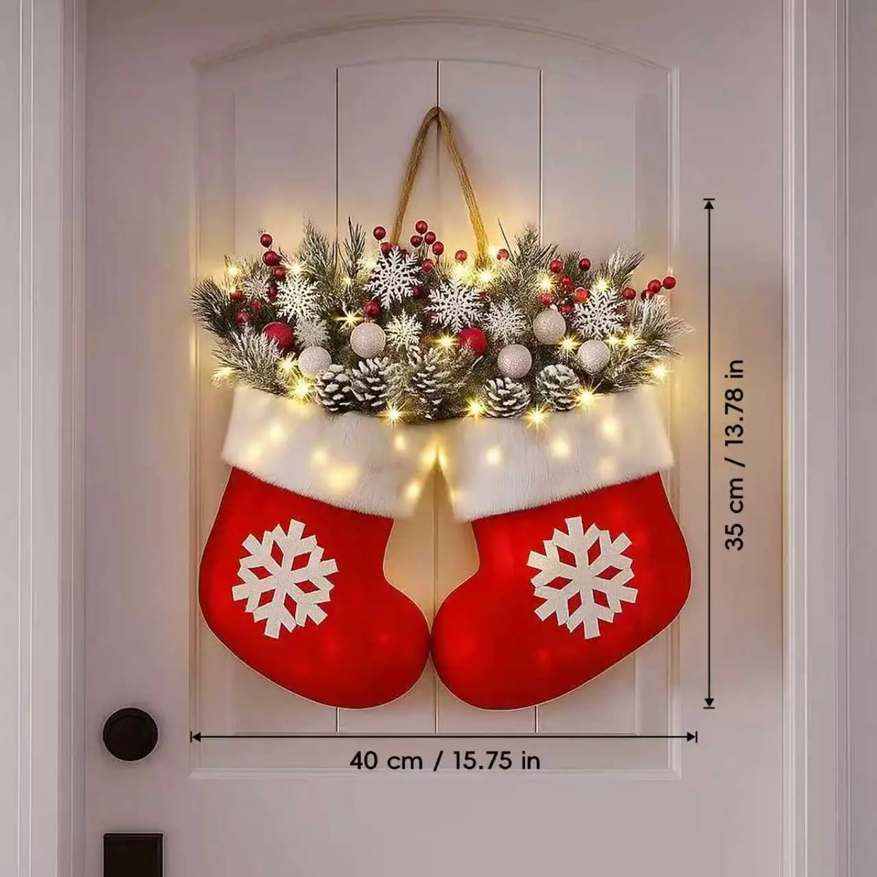 Lighted Christmas Wreath, Front Door Holiday Decor with Pinecones Berries & Warm Lights, Cozy Xmas Porch Hanging Decoration,Xmas Hanging Wall Decor for Holiday Home Decoration