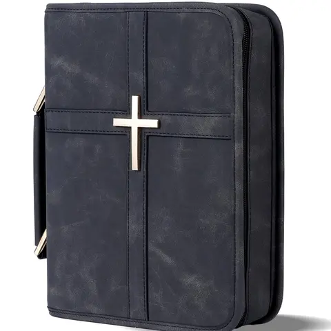 Classic Vegan Leather Bible Cover with Metal Cross Design Handle Zipper Bible Case Organizer Bag Durable Bible Study Supplies Carrying Bag for Men Women Christian Religious Daily Use Black Studying