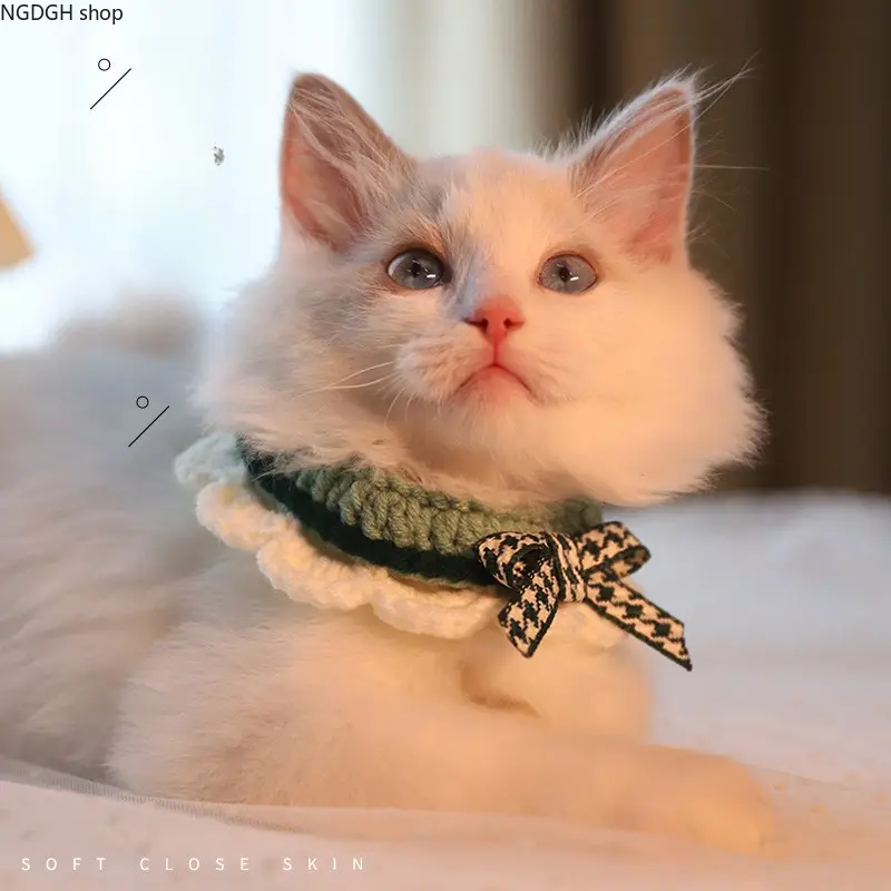 Pet Bib - Cute Crochet Pet Collar Ruffle Bow Adjustable Knit Neck Warmer Puppy Kitten Cat Dog Kawaii Daily Wear Pet Accessory