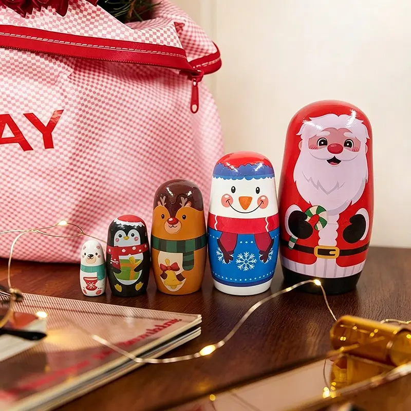 5pcs/set Santa Claus Home Decor Set, Handmade Wooden Russian Nesting Dolls,Matryoshka Dolls,Stacking Toys, Holiday Gifts, Birthday Presents, Christmas & New Year Gifts