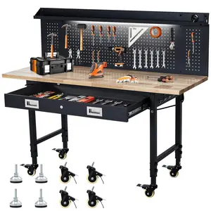 60-Inch Adjustable Height Mobile Workbench – Heavy-Duty Rubber Wood Top with Drawer, Pegboard, Built-In Power Outlets & Rolling Wheels – 2000 lbs Capacity Work Table for Garage, Workshop, Office, and Home Use