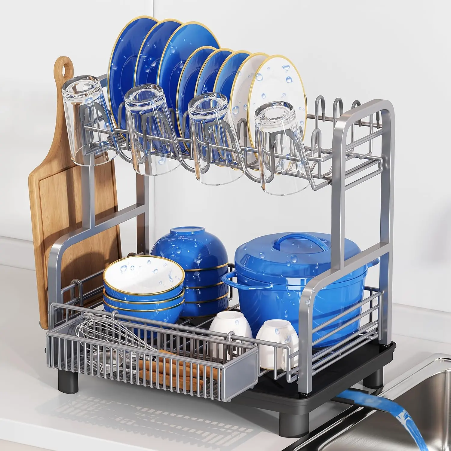 Dish Drying Rack for Kitchen Counter, Dish Drainer with Drainboard | 2 Tier Stainless Steel Large Dryer Racks for Small Kitchen Saving Space, Plate Strainer with Metal Utensil Holder