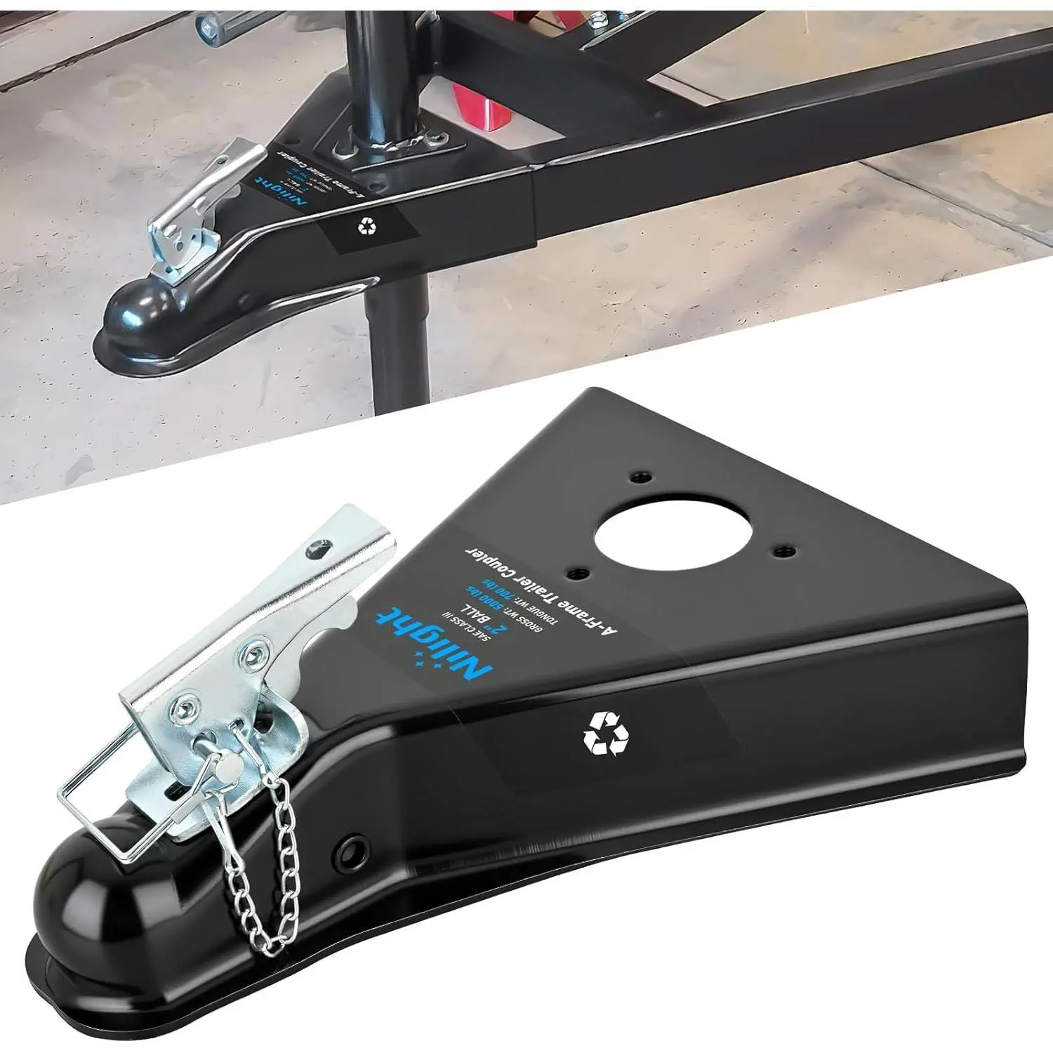 Nilight Class 3 Steel A-Frame Trailer Coupler - 5000lbs Cap., 2-in Hitch Ball Fit, Black Powder Coated, Security Latch, Tongue Lock, Security Chain, Corrosion & Weather Resistant, Easy Adjustment for Pickup Trucks, Class 3 Trailer Coupler, Trip, Weld/ Bol