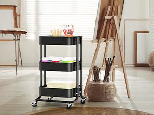 3 Tier Metal Rolling Utility Cart, Heavy-Duty Storage Rolling Cart with 2 Lockable Wheels, Multifunctional Mesh Organization Utility Cart for Kitchen Dining Room Living Room (Black)