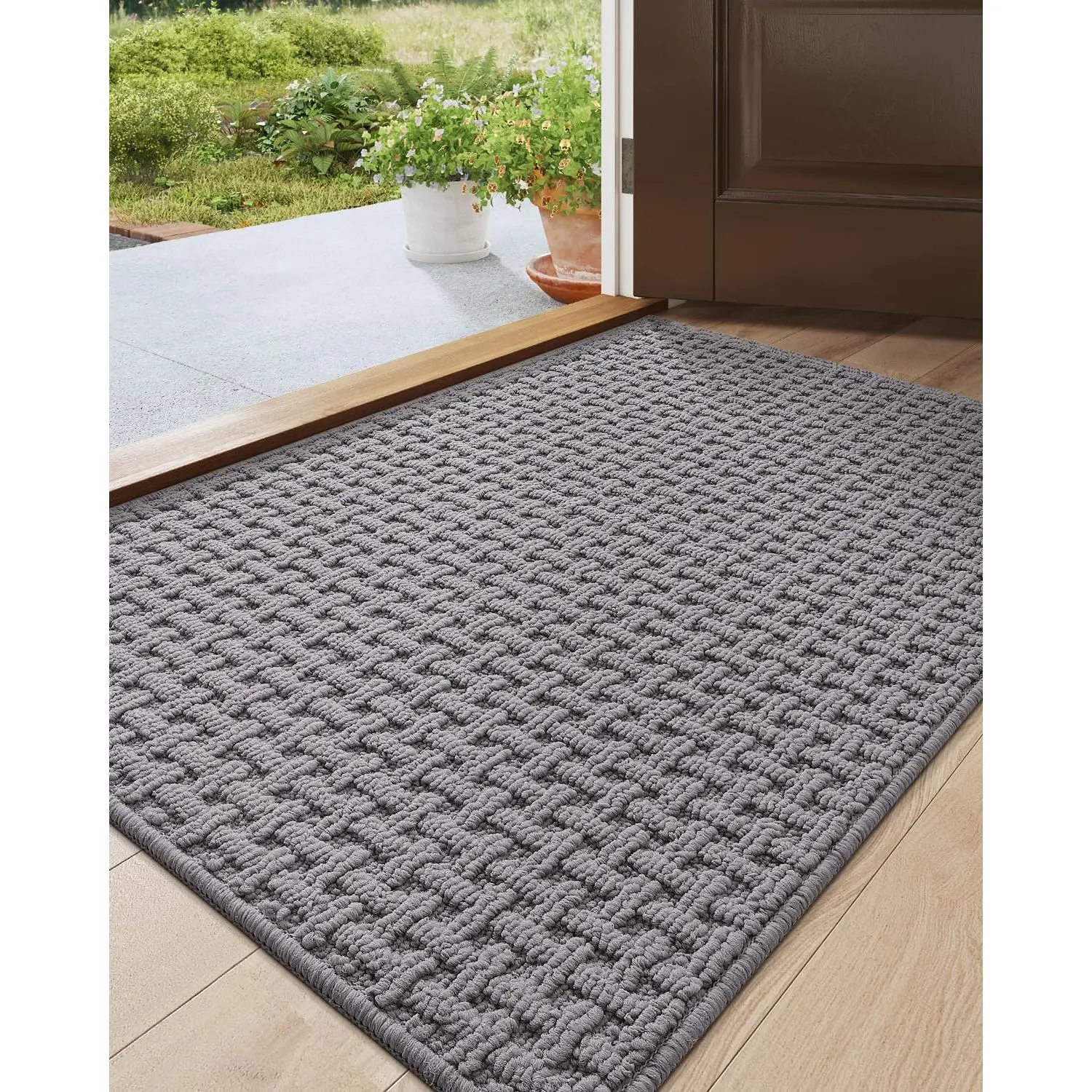 Washable Door Mat Indoor Entrance, 24x36 Dirt Trapper Front Entryway Doormat Absorbent, Inside Entry Way Mats Non Slip Rubber Backing for Backdoor  Floor Area, Light Grey
