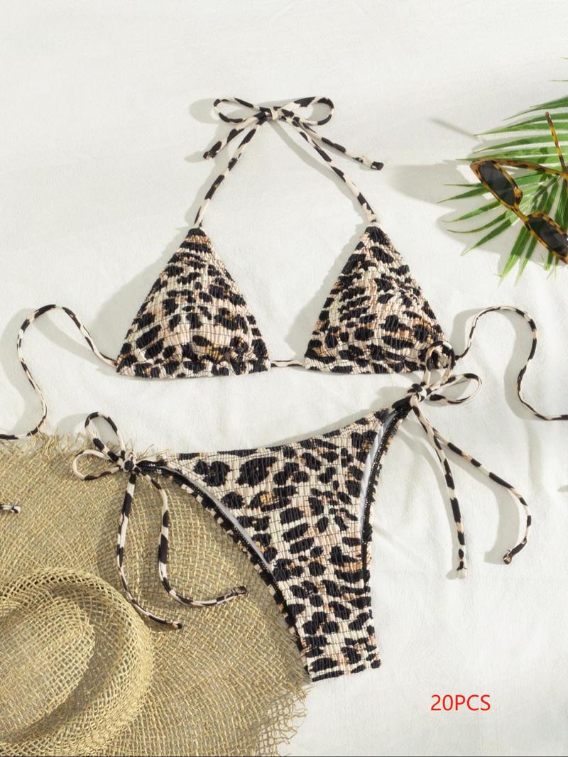 Two-Piece Set Women's Leopard Print Textured Bikinis Set, Casual Halter Triangle Bra & Tie Side Panty, Summer Beach Holiday Vacation Swimwear Set for Women, Tie Back Bikini, Halter Bikini Swimsuit