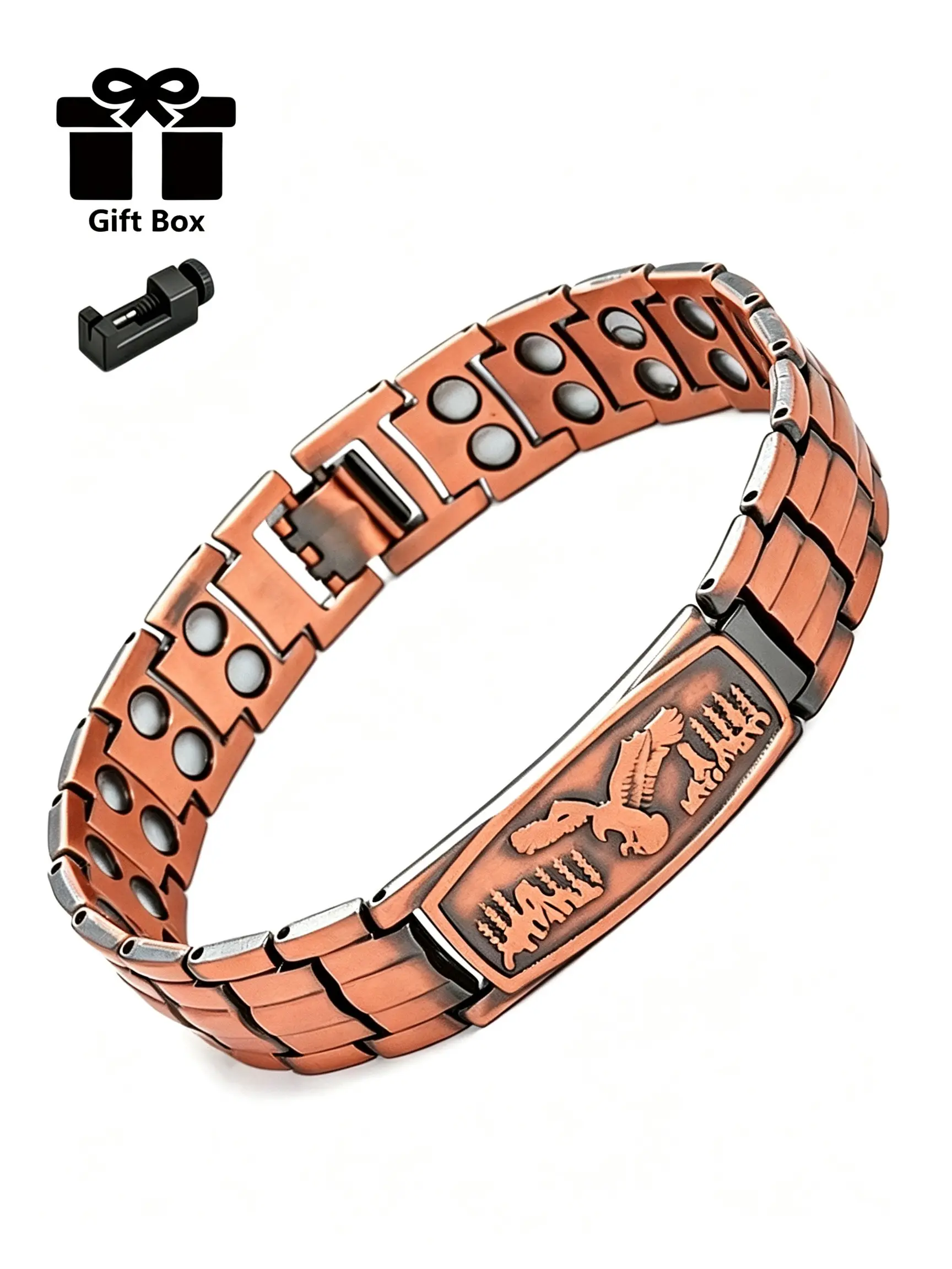 Vintage Bohemian Men's Alloy Magnetic Bracelet, Copper Magnetic Bracelet, Eagle Pattern, Safe Magnet Clasp, Trendy Metal Wristband, Casual Everyday Jewelry