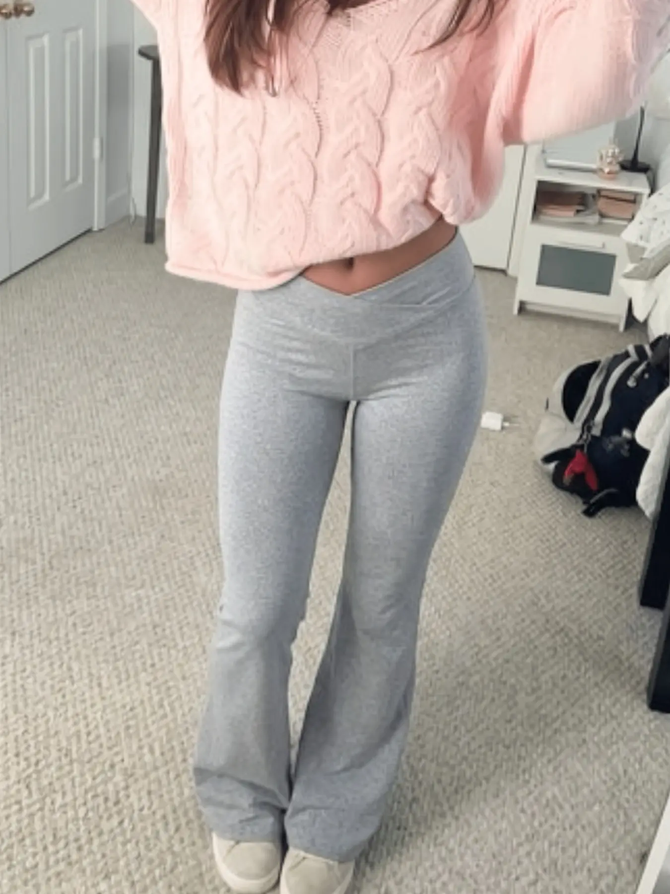 Women Heather Grey V‑Cross Waist Flare Pants, High Waist Stretch Slim Fit Bootcut Trousers, Soft Knit Y2K Style Casual Bell Bottom Pants, High Elastic Trendy Bottoms For Daily Street Going‑out Outfits, Casual Weekend Bottoms