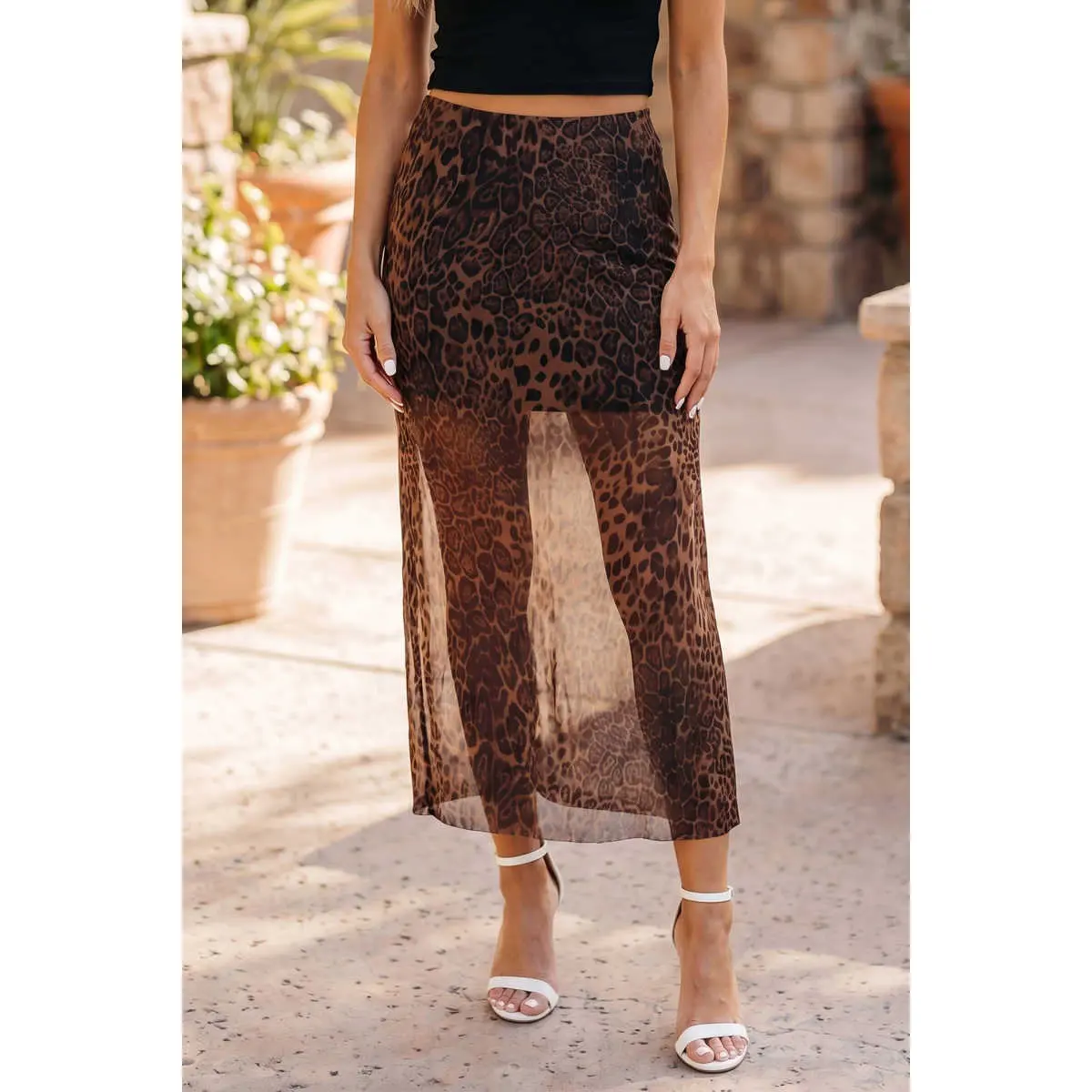 Sheer Leopard Print Maxi Skirt for Women, Casual Polyester Mesh Fabric with an Elastic Waistband for a Comfortable Fit, Bottom, Style, Sheer Skirt, Animal Print, Maxi Length, Casual Skirt, Flexible Fit