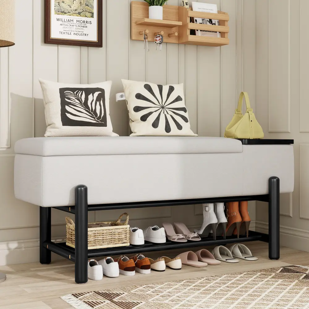 TREXM Farmhouse Storage Bench with Hidden Compartment, Upholstered Entryway Bench with Cushion Seat, Modern Hallway Bench for Living Room, Bedroom, Mudroom & Entryway Furniture, Shoe Changing Bench with Storage Space, Black