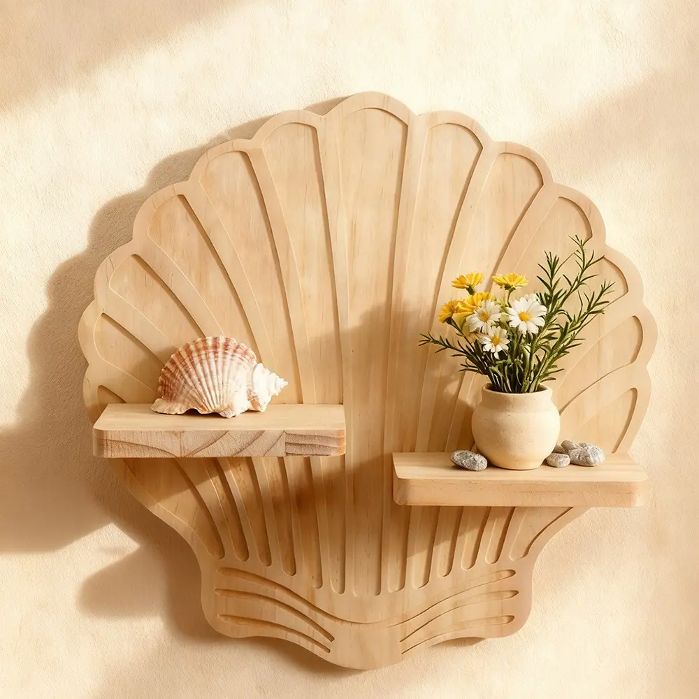 Bohemian Shell Shape Creative Pine Wood Wall Planter Rack, Handmade Wooden Craftsmanship, Home Decorative Accessory