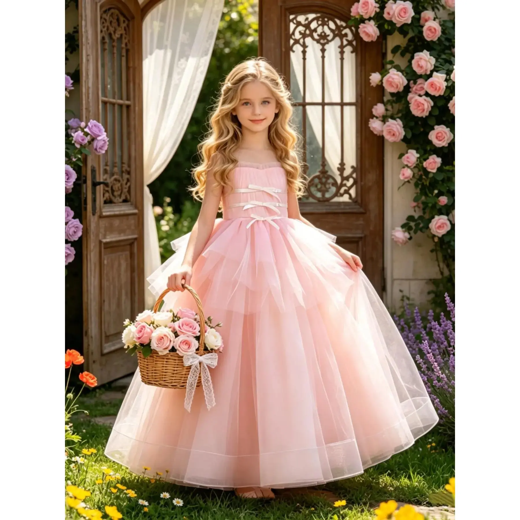 Girls' Full-Length Princess Look Formal Dress, Tiered Fit Tulle Fabric Gown for Flower Girls, Weddings and Performances