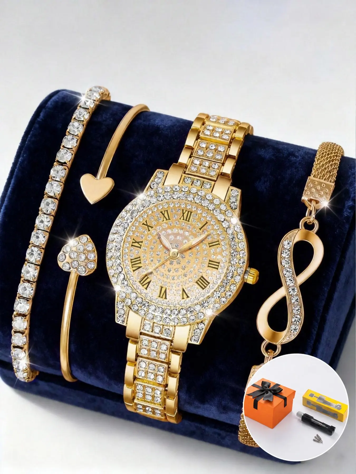 4pcs Women's Watch Jewelry Set, Full Diamond, Simple Round, Vintage Square, Heart Bracelet, Gift Box Included