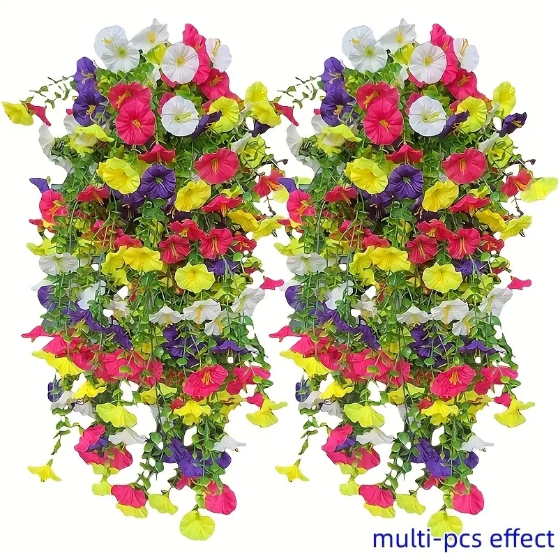 4pcs Artificial Morning Glory Hanging Garland UV Resistant Fake Morning Glories with Eucalyptus Realistic Plastic Greenery Outdoor Decor for Garden Wedding Patio Porch Easter Halloween Christmas Thank