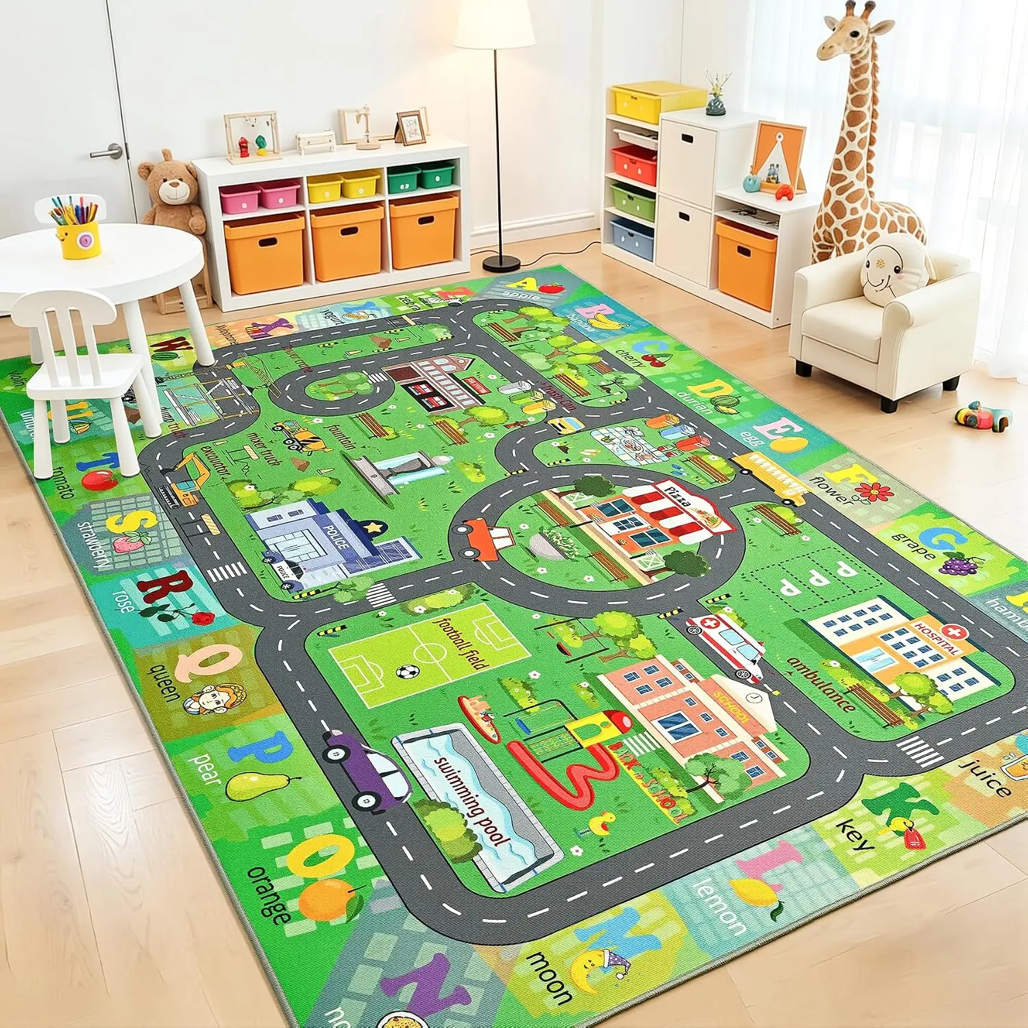 3x5   Rug, Road Play Mat for  Carpet City Map Playmat | Washable Non Slip Rugs for Playroom Classroom Boys Bedroom, ABC Alphabet Track Mats  , Dark Green