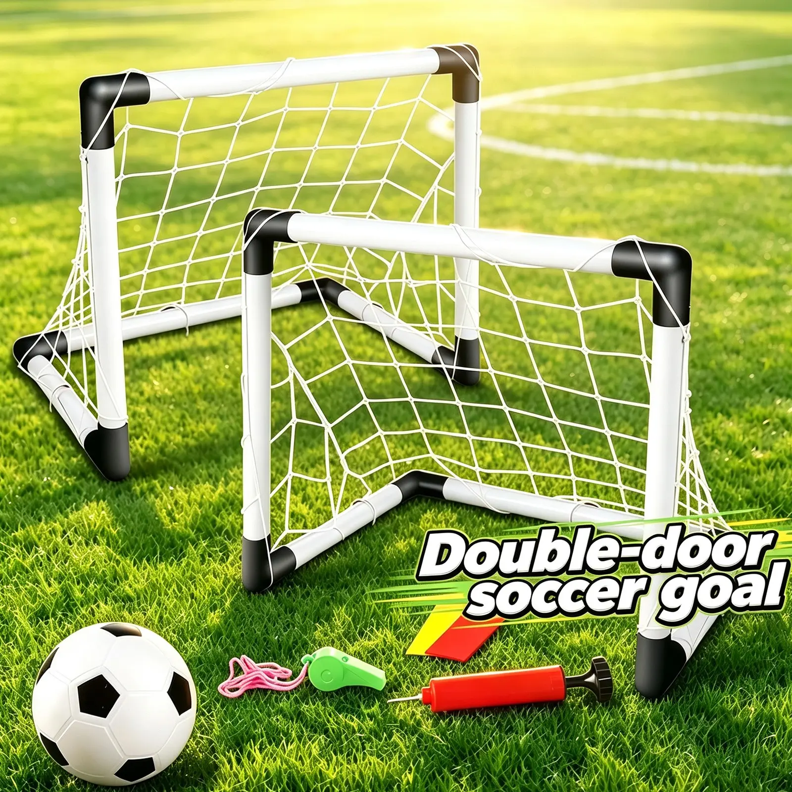 Outdoor and Indoor Plastic Football Goal Set Toy, Portable Disassembly DIY Sports Football Frame Toy, with 2 soccer goals, a soccer ball, and a pump, Boys' soccer, Easter Halloween Christmas Thanksgiving Holiday Gift, Whistle random color