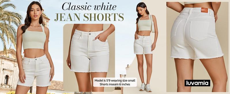 luvamia Jean Shorts for Women Trendy High Waisted Stretchy Denim Summer Casual Raw Hem Mom Long Shorts Cutoff Jorts