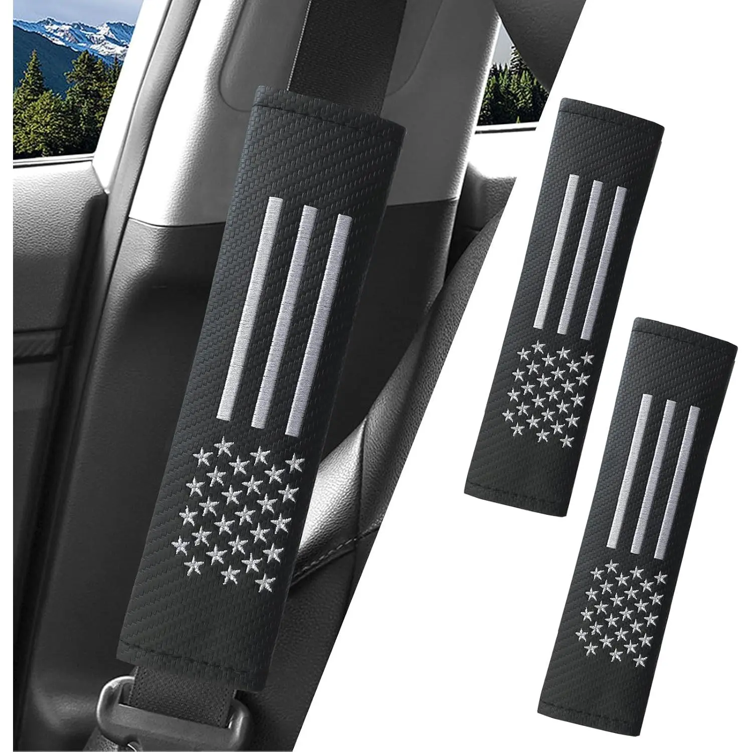 2 count  Seat Belt Covers Pads,Seatbelt Strap Cover,Seat Belt  Strap Pads,Carbon Fiber Leather  Interior Accessories(2Pack,Black- Flag)