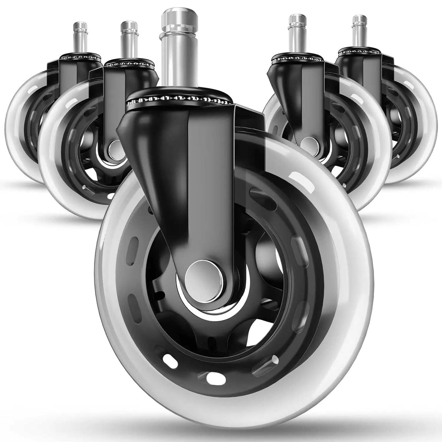 Office Chair Caster Wheels Set of 5 - Smooth 3 inch Heavy-Duty Replacement Rubber Wheels for Gaming & Desk Chair, Easy to Install, Suitable for Hardwood Floors, Carpet, Tiles (Clear)