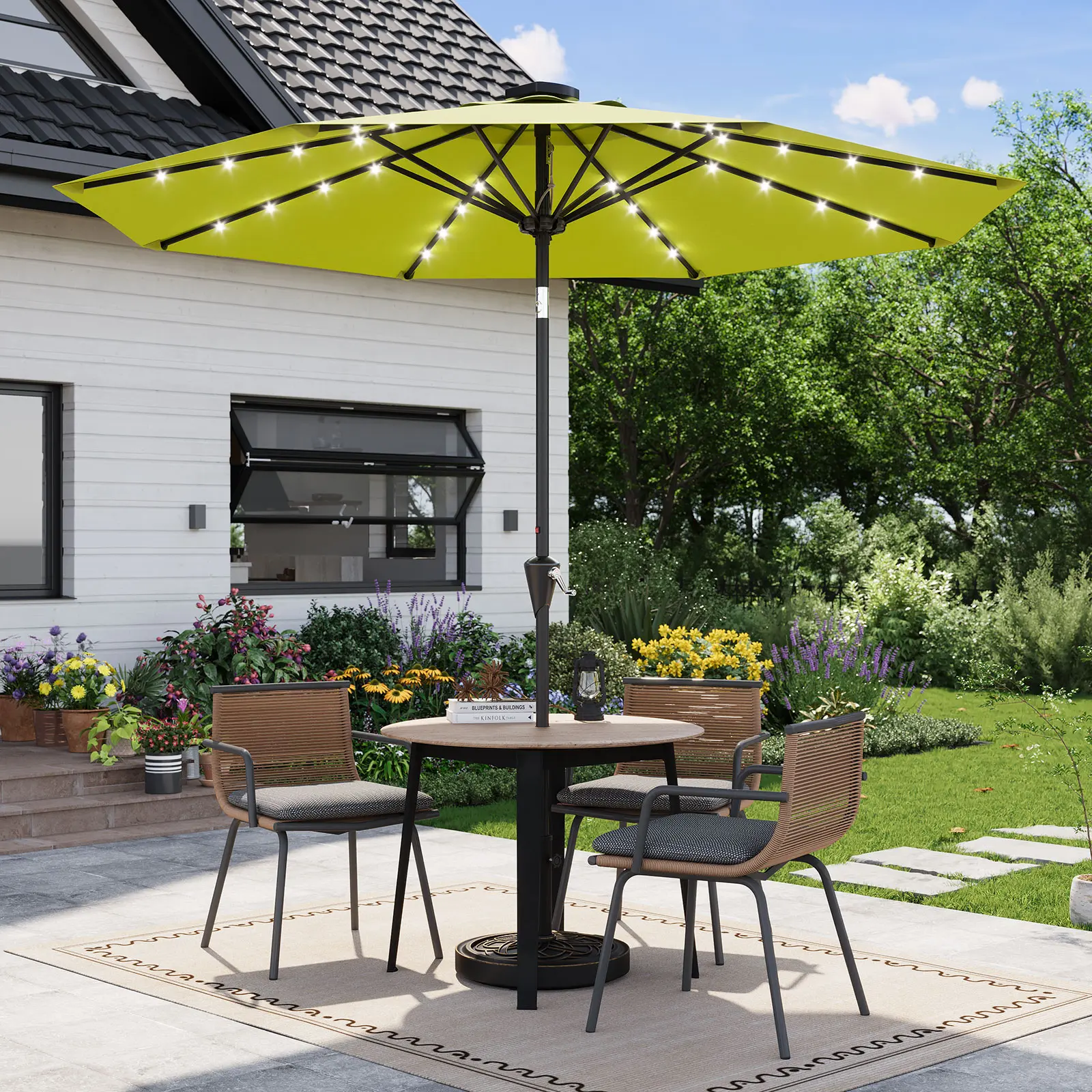Solar LED Patio Umbrella, 9/10 ft Outdoor Market Table Umbrella - 32 LED Lights, UPF 50+ UV Protection, Waterproof Fade-Resistant Canopy, Crank Lift & Push-Button Tilt, 8-Rib for Pool/Deck/Yard
