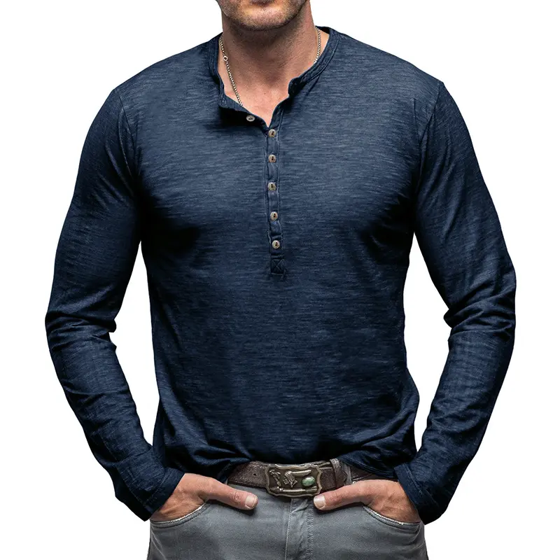 New Men’s Washed Henley Long Sleeve Shirt with Button Placket, Casual Crew Neck Tee for Daily Wear, Street Style & All-Day Activities