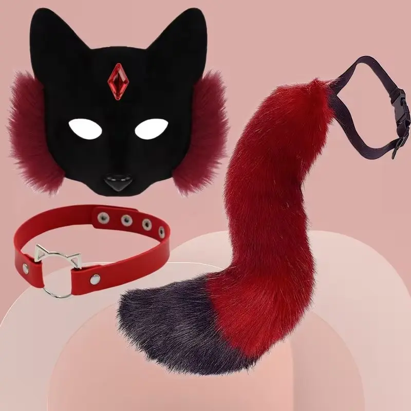 Fox Mask 3-Piece Set, Halloween Party Role Play Accessories, Realistic Fur Fox Tail, Mask, and Collar for Cosplay Events